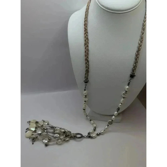 Chicos Pearl Necklace and Earrings Silvertone Braided Beige Cream Bohemian set - Picture 2 of 6